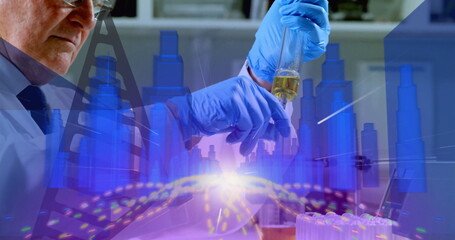 Senior researcher transferring yellow liquid into test tube rack with pipette in lab, copy space