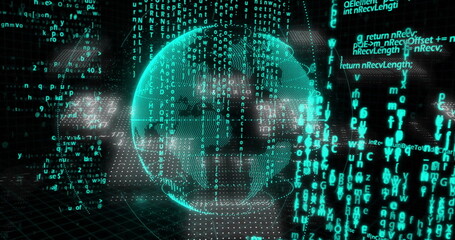 Displaying neon green wireframe globe rotating above grid floor with code streams and dot matrices