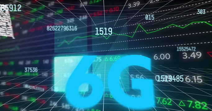 Displaying glowing blue 6G text floating in virtual network, with colored numeric data overlays - Powered by Adobe