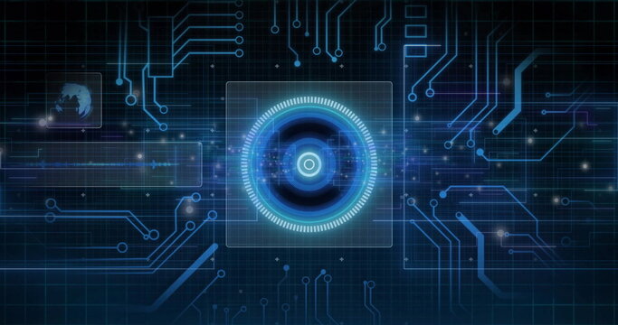 Displaying semi-transparent panel in digital interface, showing central circular hub streaming data - Powered by Adobe
