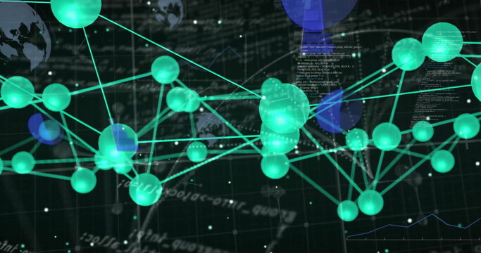 Displaying glowing green spheres connecting via lines on dark grid with code, overlays, data charts