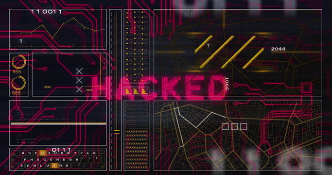 Displaying neon pink HACKED text glowing on dark computer hacking dashboard, with circuit traces