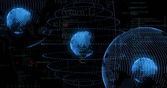 Naklejki Floating blue point-cloud globe rotating on right in digital network, with binary code, copy space