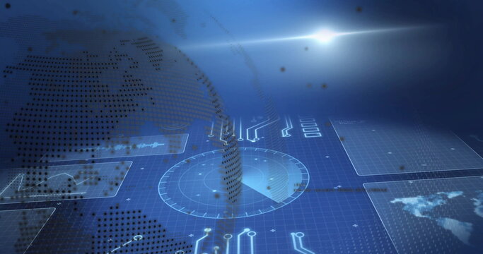 Displaying dotted globe with radar circle on screen, grid floor data overlay, flare, copy space