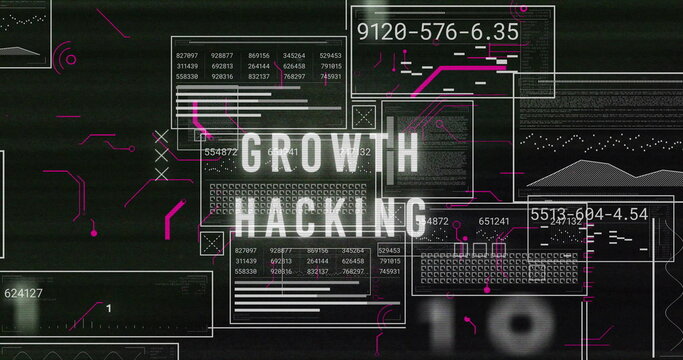 Displaying bold GROWTH HACKING text in digital interface, with translucent panels and neon circuits - Powered by Adobe