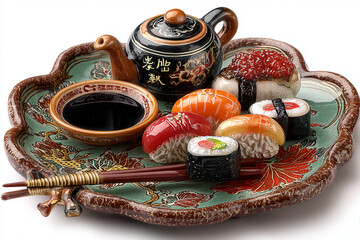 Decorative sushi plate with teapot and chopsticks Asian food art
