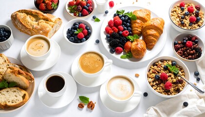 Fresh Breakfast with Croissants Berries and Coffee on White Table