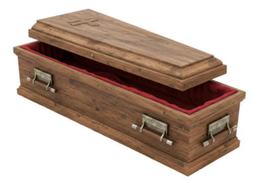 Isolated Vintage Open Coffin with Velvet Lining