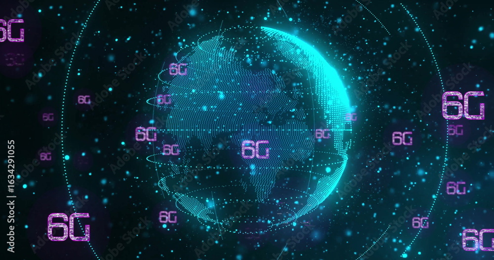 Poster holographic globe formed by nodes and lines glowing in data network space, with floating 6g labels