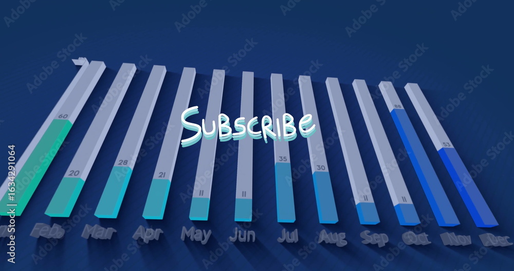Poster displaying 3d bar chart showing labeled bars on navy backdrop with floating subscribe text
