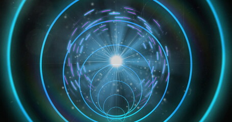 Swirling digital tunnel of cyan rings toward central bright light, neon segments, particle effects