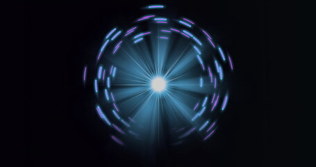 Light orb emitting radial beams and revolving in digital interface, neon blue and purple rings