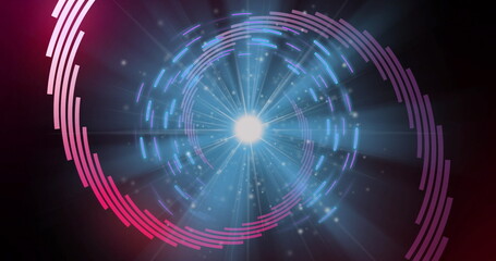 Emitting glowing orb producing sparking radial beams in digital void, ring segments swirling