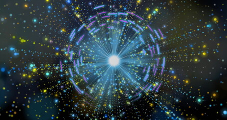 Orb emitting radial light beams in space, with neon rings and multicolor particles