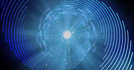 Glowing blue orb radiating concentric neon-blue rings in dark digital scene, with sparkles and rays