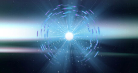 Radiating central orb sending light beams through concentric rings in space, with lens flare bands