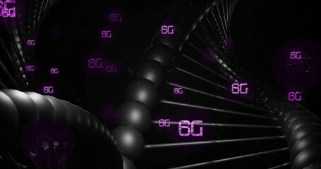 Forming helix strand linking black spheres with rods in virtual network, glowing purple 6G labels