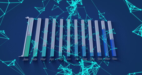 Displaying 3D bar chart showing values Jan to Dec on blue plane, with turquoise network overlay