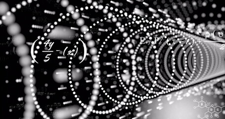 Featuring white dot ringed tunnel pulsing in science space, with equations and chemical diagram