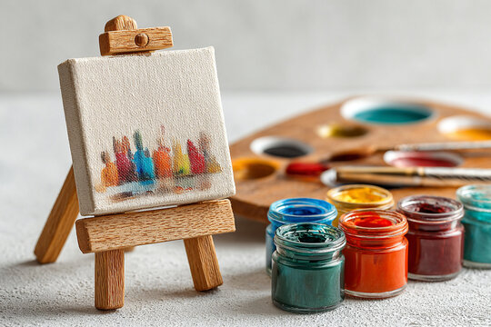 Mini canvas on easel with paint pots and palette art supplies