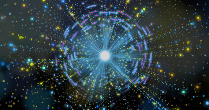 Orb emitting radial light beams in space, with neon rings and multicolor particles