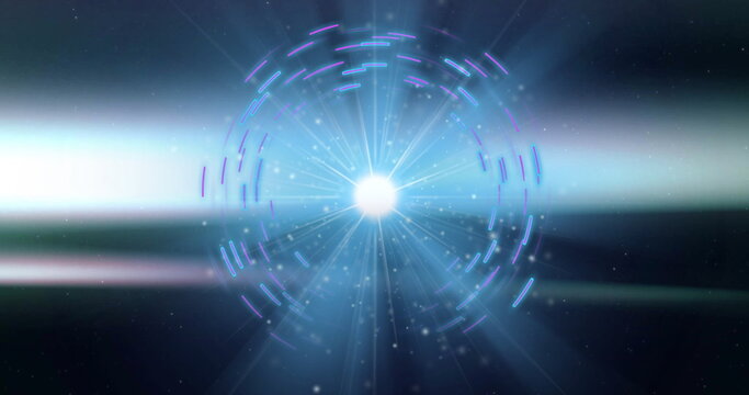 Radiating central orb sending light beams through concentric rings in space, with lens flare bands - Powered by Adobe