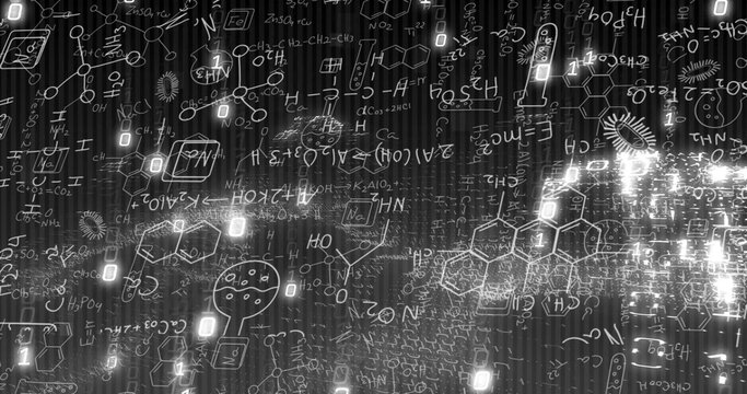 Cascading glowing chemical formulas and binary digits in digital lab, with code fragments