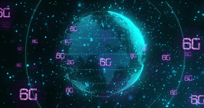 Holographic globe formed by nodes and lines glowing in data network space, with floating 6G labels
