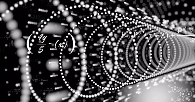Featuring white dot ringed tunnel pulsing in science space, with equations and chemical diagram - Powered by Adobe