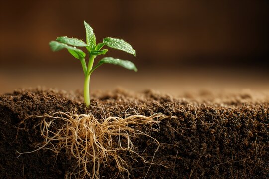 Una pl&aacute;ntula emerge de la tierra, simbolizando el crecimiento y la esperanza.