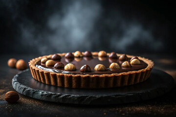 Delicious gourmet chocolate tart topped with hazelnut kernels beautifully presented on dark slate