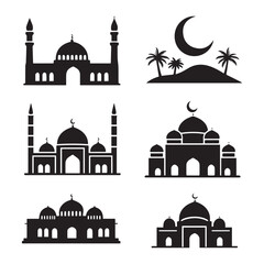 A set of black and white silhouette illustrations of Islamic mosques against a white background. 