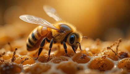 Naklejka premium Close-up view of a honeybee on honeycomb.