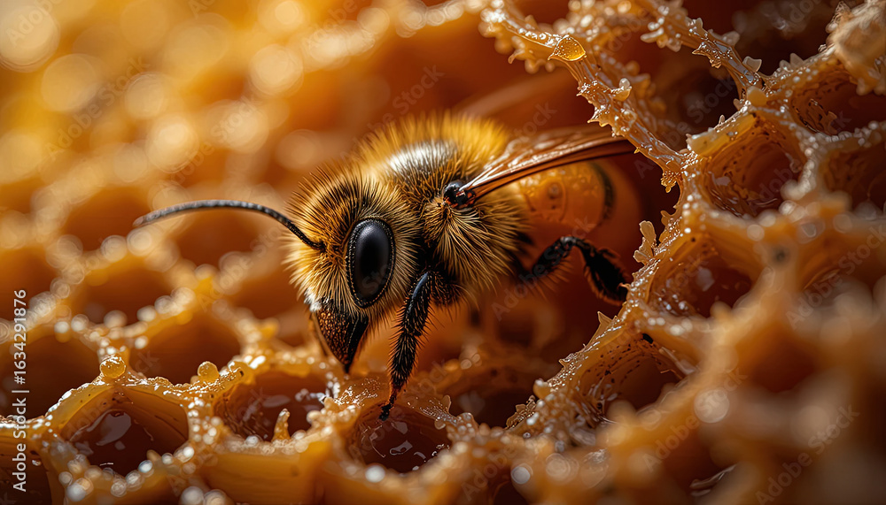 Poster close-up view of a bee within a honeycomb.