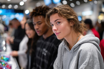 Fototapeta premium A group of young adults interact while shopping in a modern store, showcasing friendship, trends, and personal style in an engaging, vibrant environment.