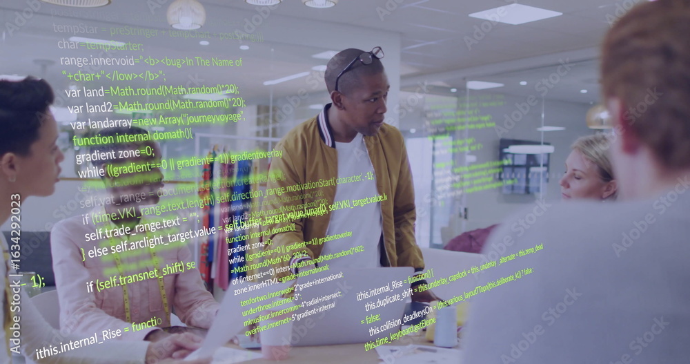 Poster presenting team lead explaining code in conference room, with floating overlay and laptops