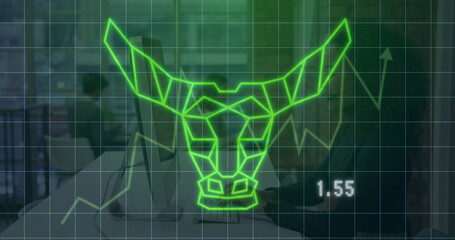 Three analysts wearing business casual at computers in office, with neon green bull head overlay