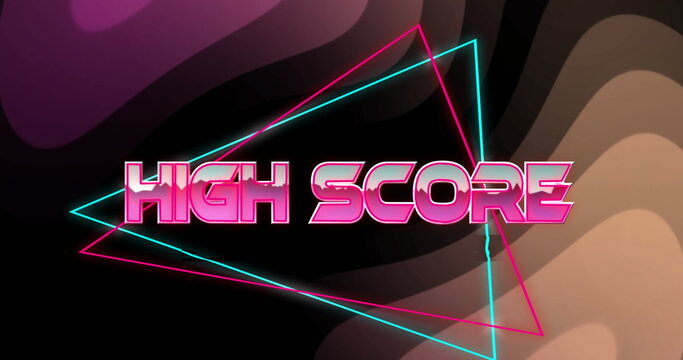 Displaying bold neon pink HIGH SCORE text over retro arcade interface, with glowing triangle lines - Powered by Adobe