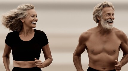 Active Senior Couple Running on Beach – Healthy Lifestyle and Aging Well Concept
