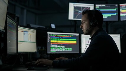 Man wearing a headset working in a dark control room, focused on multiple computer screens displaying data and code - Powered by Adobe