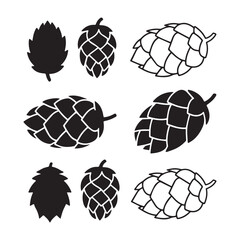 A set of eight minimalist hop cone illustrations on a white background.