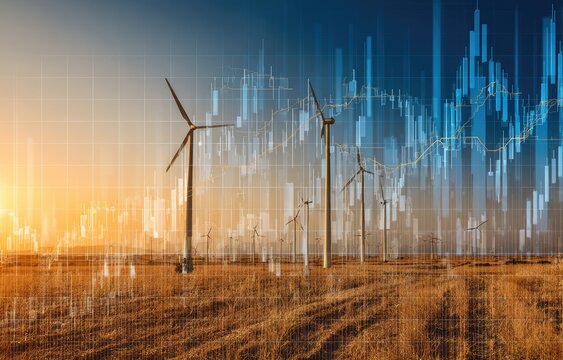 Wind turbines in a field overlaid with financial charts, sunset