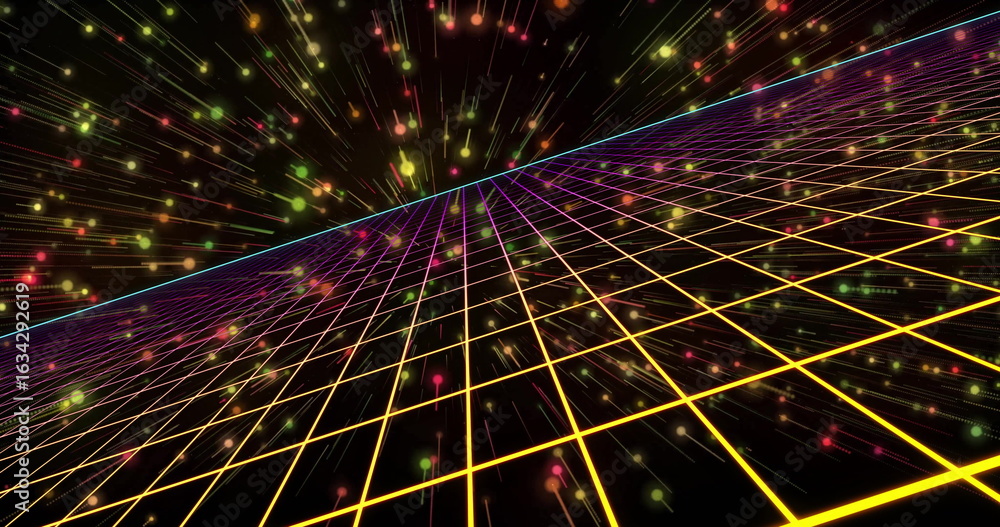 Poster extending neon grid plane receding into cyberspace with cyan horizon, glowing particles, streaks