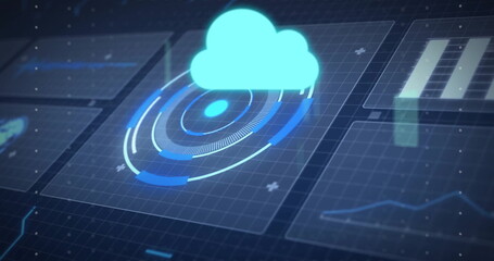 Cyan cloud icon floating above radar on dark grid, showing bar charts line graphs plus symbols
