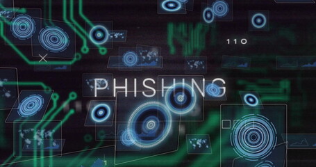 Depicting PHISHING text glowing with blue target overlays on control panel, with circuit lines
