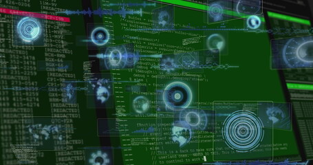Displaying cyan holographic HUD element floating over data interface, with code and terminals