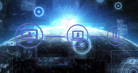 Displaying purple-circled device icons linking in orbit around Earth, with holographic UI panels