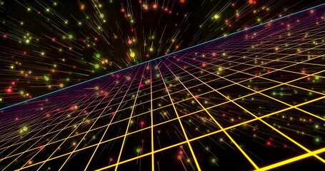 Extending neon grid plane receding into cyberspace with cyan horizon, glowing particles, streaks