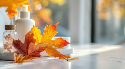 Back to school and autumn concept. Medicines and autumn leaves on a pharmacy counter. Horizontal banner. Copy space. Template, mock-up for pharmacy, drug store, cosmetics store