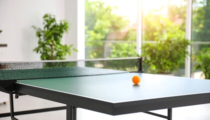 Sunlit table tennis arena with verdant backdrop invites athletic engagement and convivial